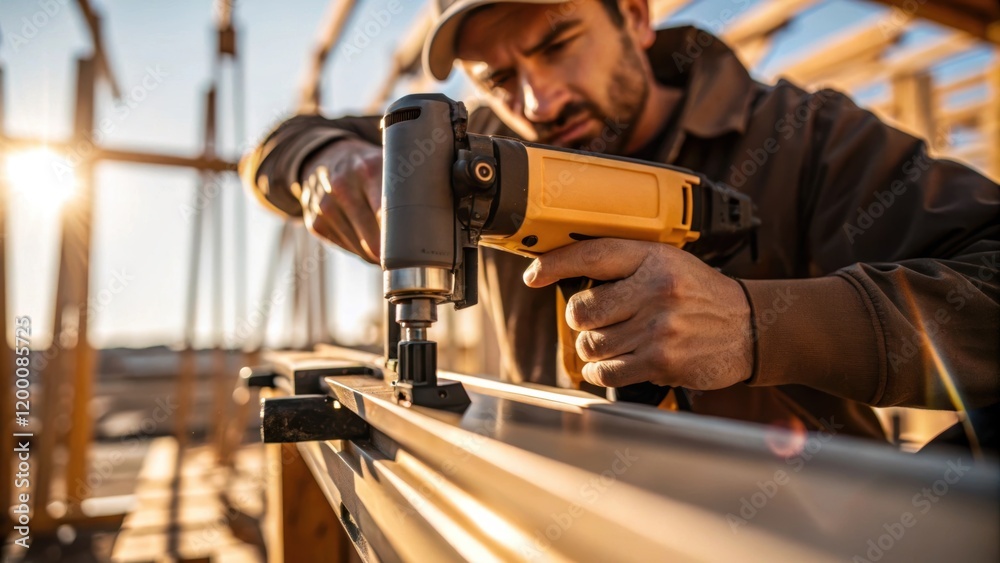 Poster a medium closeup of a worker adjusting a nail gun the metal parts glinting in the sunlight emphasizi