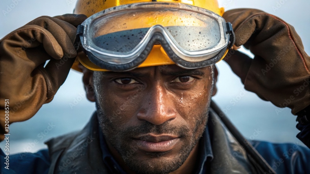Poster a medium closeup of a worker adjusting safety goggles sweat glistening on his forehead portraying th