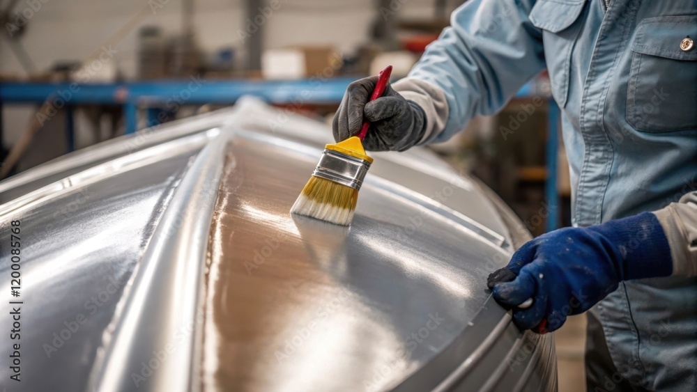 Aufkleber A medium closeup of a worker applying a layer of protective paint to a vessel their gloved hands steady as they ensure complete coverage on the metal surface.