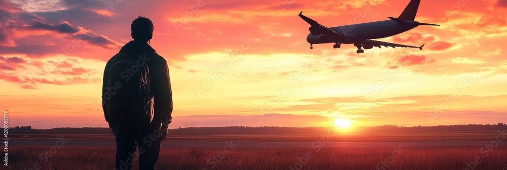 Aufkleber Traveler enjoys a stunning sunset while an airplane approaches in the distance over an open field. Generative AI