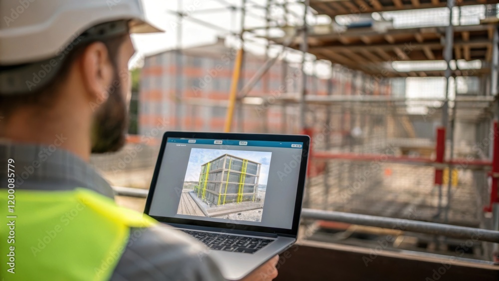 Poster A medium closeup of a worker analyzing a 3D model on a laptop outdoors with scaffolding and construction materials visible behind him conveying the integration of technology and
