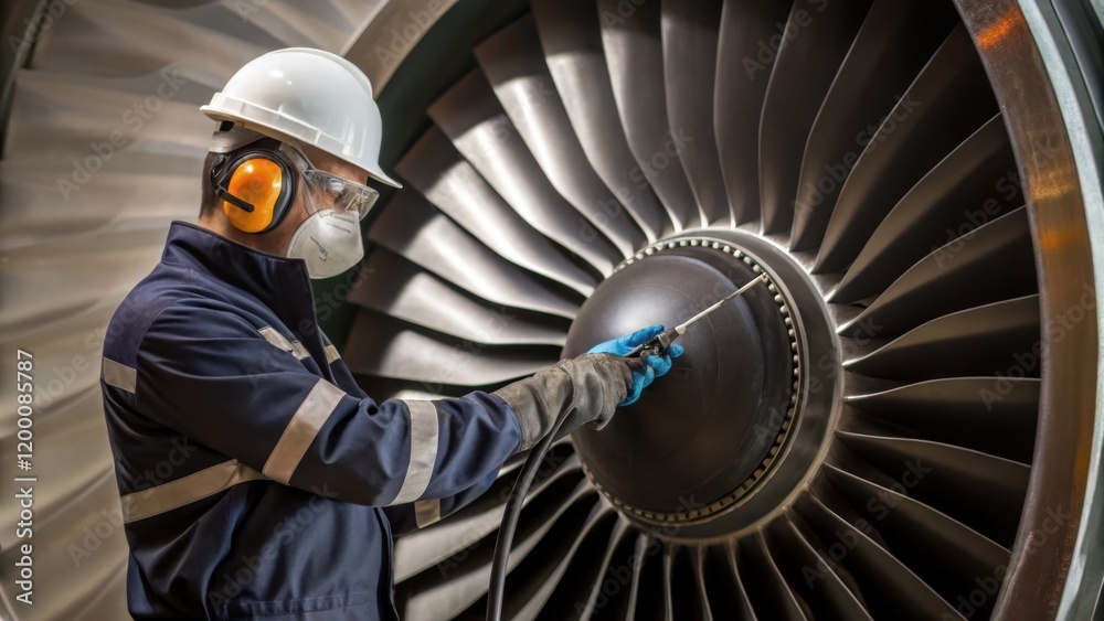 Poster A medium closeup of a worker applying protective coatings to the turbine displaying the attention to maintenance and durability.