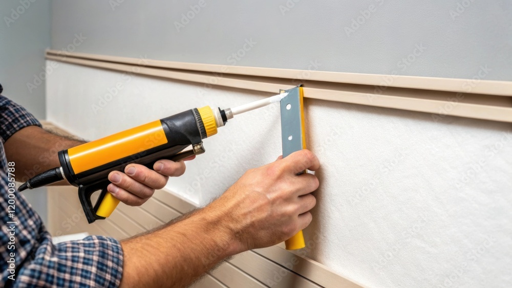 Aufkleber a medium closeup of a worker applying adhesive to the edge of a soundproof wall panel focusing on th
