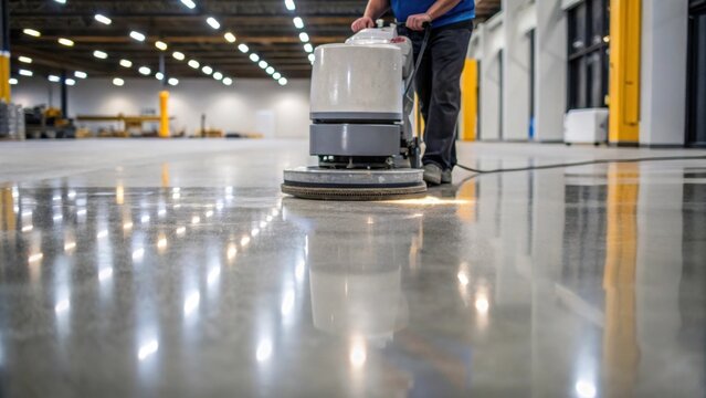 A medium closeup of a worker adjusting a floor scrubber with bright reflections showing the effectiveness of the cleaning process on the polished concrete floor.