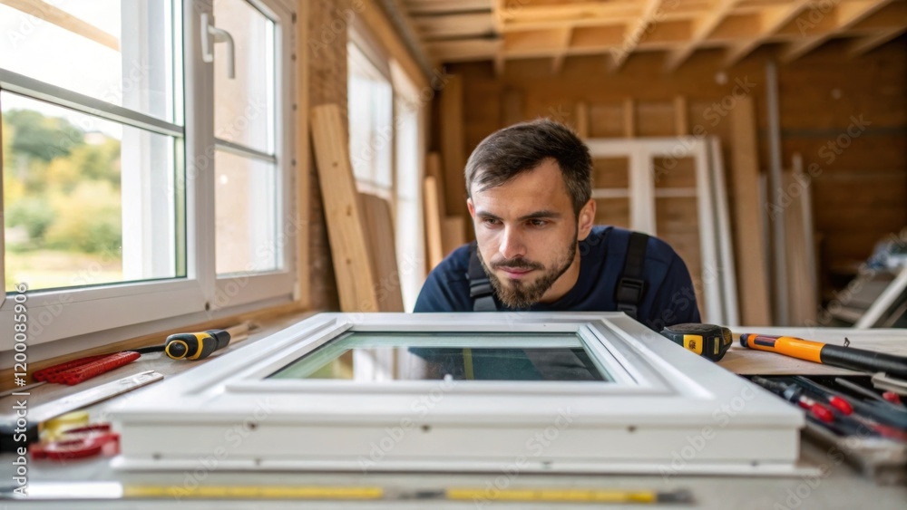 Poster A medium closeup of a worker examining the installation of a window frame with natural light illuminating the workspace and enhancing focus on craftsmanship.