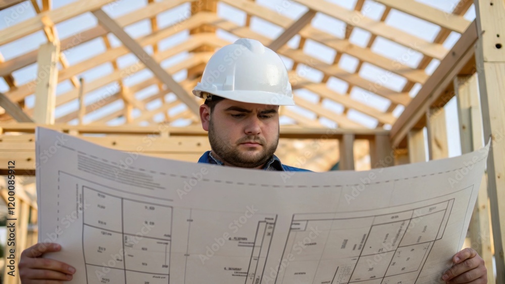 Aufkleber A medium closeup of a worker examining a blueprint with various truss pieces behind them emphasizing the planning involved in the construction process.