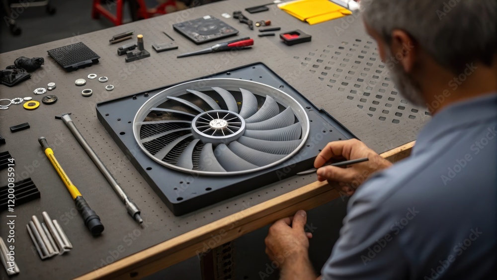 Aufkleber A medium closeup of a worker examining the alignment of the fan assembly on a large workbench surrounded by tools and spare parts for reference.