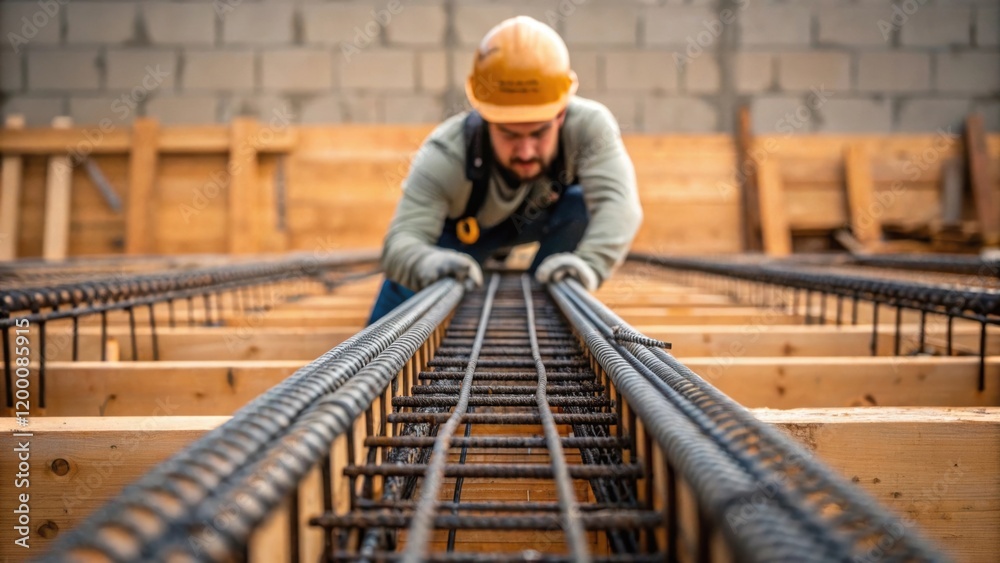 Aufkleber a medium closeup of a worker gracefully maneuvering a long length of rebar into place with a backdro