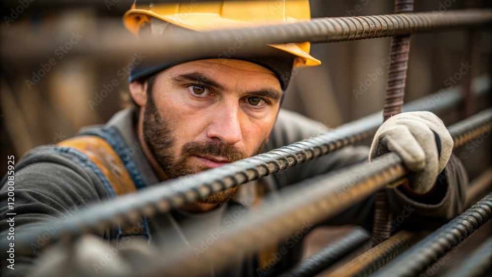 Aufkleber A medium closeup of a worker expertly using a rebar bender capturing the moment of bending steel into shape with intense focus on their expression.