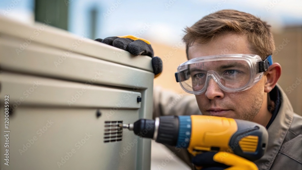 Poster a medium closeup of a worker donning safety goggles using a pneumatic drill to secure a cover panel 