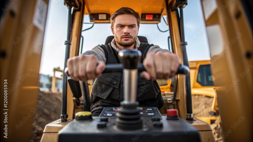 Aufkleber A medium closeup of a worker expertly operating a hydraulic excavator highlighting the machines intricate controls and the precision needed for digging.
