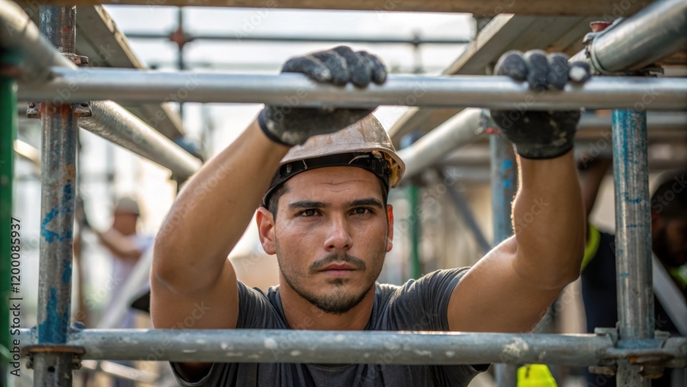 Poster A medium closeup of a worker guiding a section of scaffolding into place sweat glistening on his brow reflecting the physical intensity of the task.