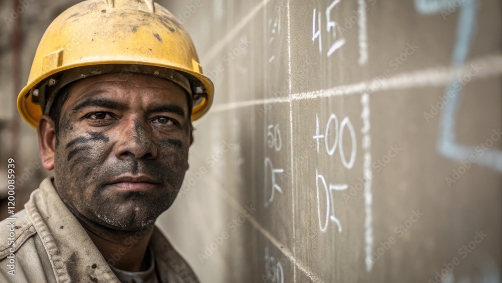 Poster a medium closeup of a worker in a hard hat their face covered in grime as they mark measurements on 