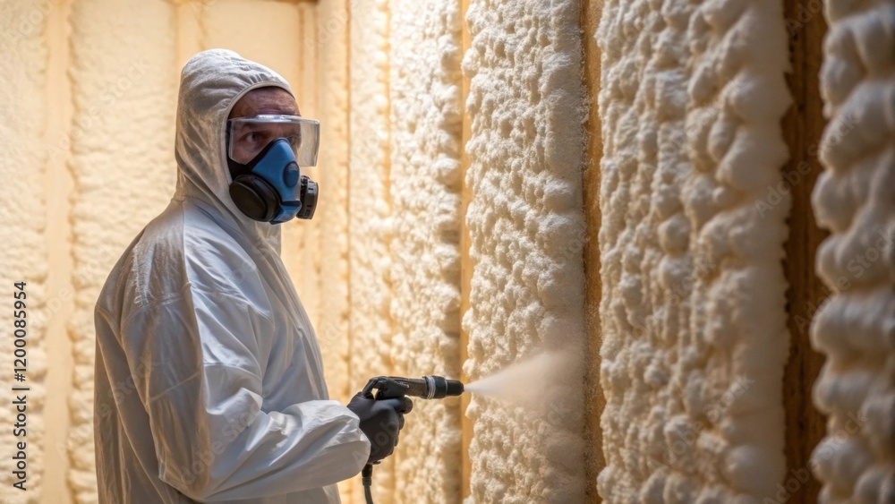 Poster A medium closeup of a worker in a protective suit applying spray foam inside the corner of a building with foam expanding and furring up against the wall.