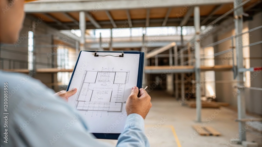 Aufkleber A medium closeup of a worker holding a clipboard examining blueprints with a partially constructed office space in the background emphasizing planning and structure.