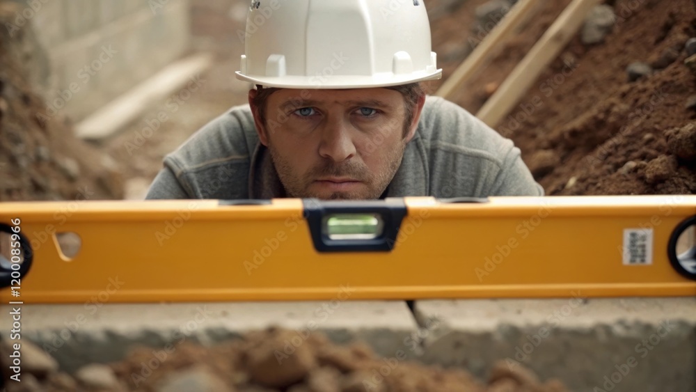 Poster A medium closeup of a worker in a hard hat focused on a level tool ensuring the embankment is perfectly aligned while dirt and rocks ter around.