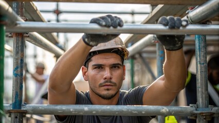 A medium closeup of a worker guiding a section of scaffolding into place sweat glistening on his brow reflecting the physical intensity of the task.