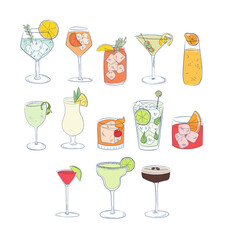 Cocktails alcoholic drinks vector daiquiri, old fashioned, manhattan, martini, margarita, gin and tonic, mimosa, negroni, cosmopolitan colored hand drawn brush doodle vector illustration vintage style