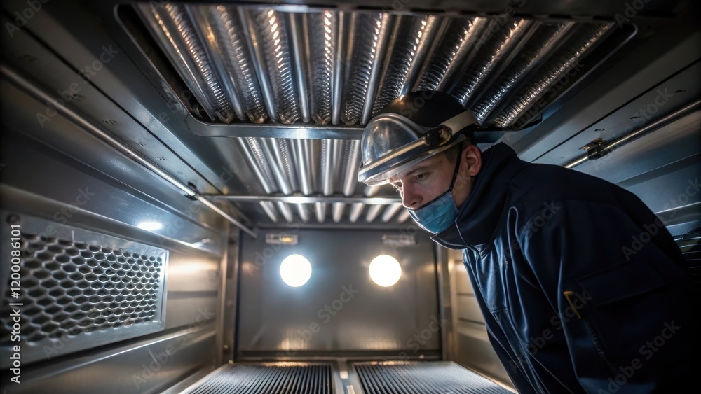Poster A medium closeup of a worker inspecting the ovens ventilation system demonstrating the metal ducts and filters with light streaming through the openings emphasizing airflow