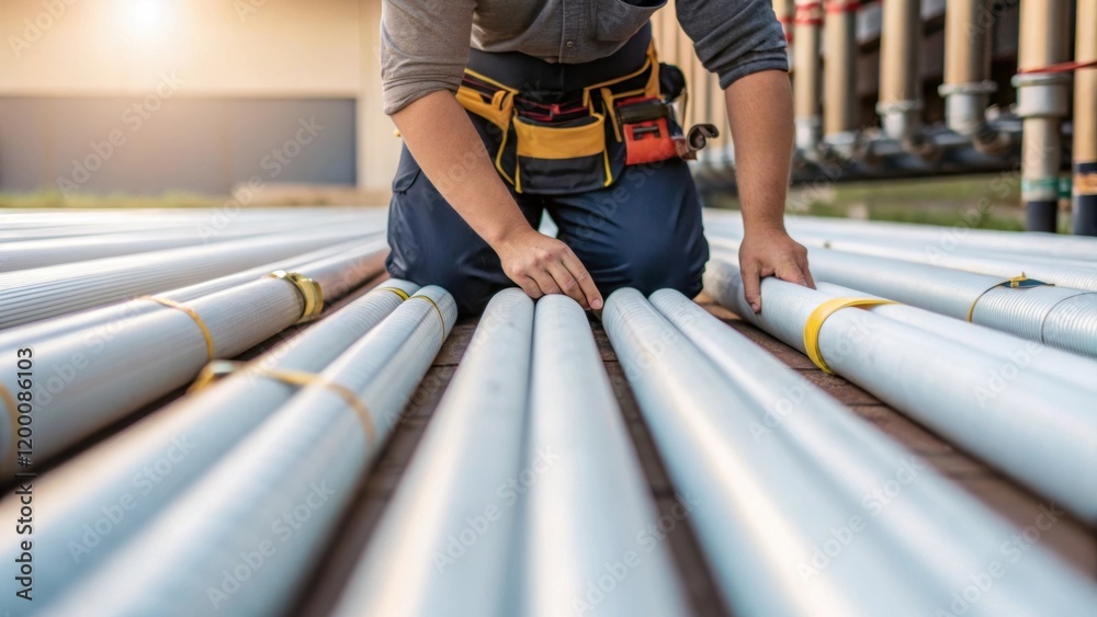 Poster a medium closeup of a worker kneeling down carefully positioning insulation around piping with their