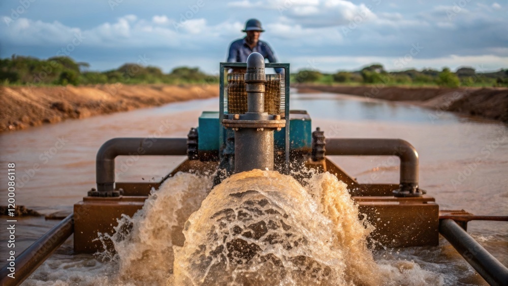 Poster a medium closeup of a worker operating a water pump to divert river flow with splashes of water appe