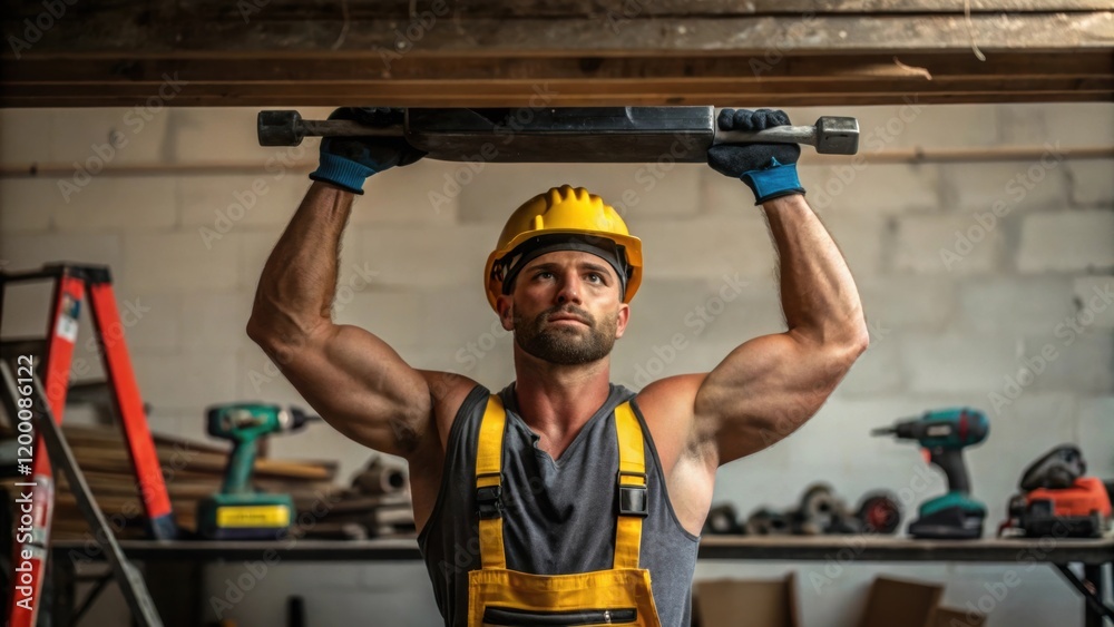 Poster a medium closeup of a worker lifting a heavy piece of equipment muscles tensed and focused with vari