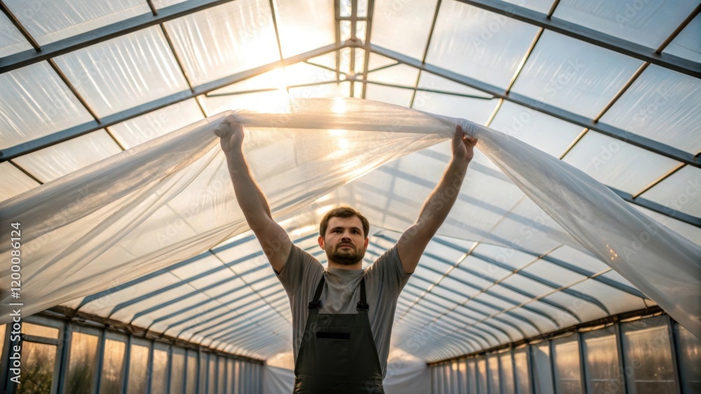 Poster a medium closeup of a worker lifting a long sheet of clear plastic to cover the greenhouse roof sunl