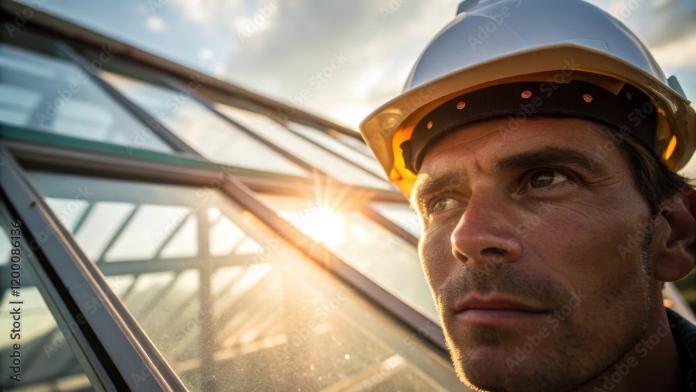Poster A medium closeup of a workers face focused intently on aligning glass panels the sun illuminating their features emphasizing the concentration required for precise construction.