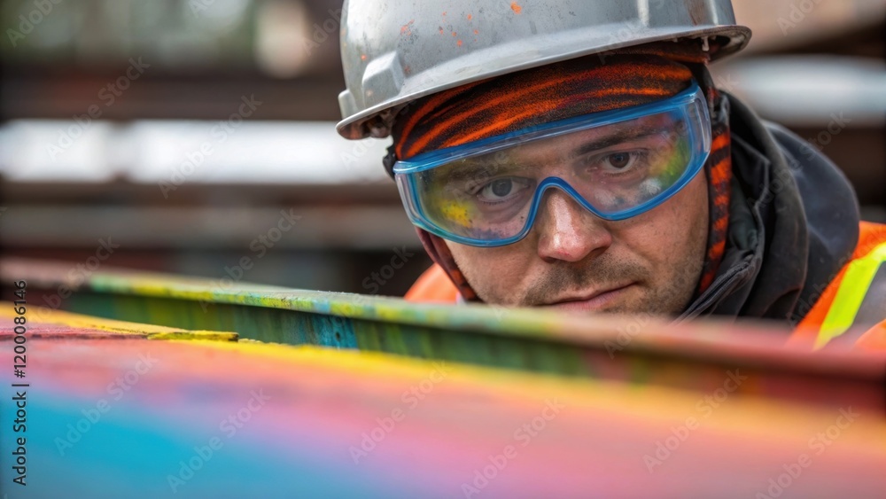 Poster a medium closeup of a workers face partially obscured by safety goggles as they concentrate on apply