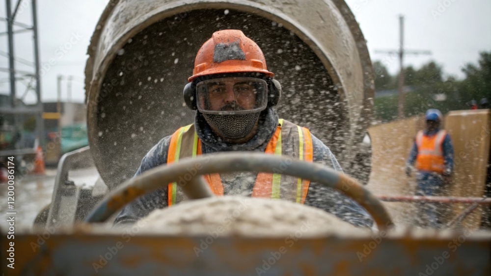 Poster A medium closeup of a worker operating a concrete mixer their face partially obscured by safety gear with wet concrete splashing around depicting the labor intense environment.