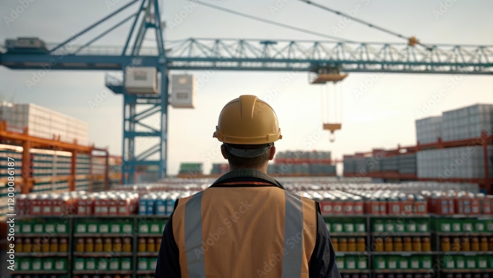 Aufkleber A medium closeup of a worker observing the operation from a distance the cranes massive structure towering behind them with an array of products neatly organized below.