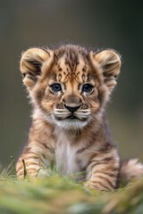 Obraz premium Adorable lion cub sitting in grass, looking directly at camera.