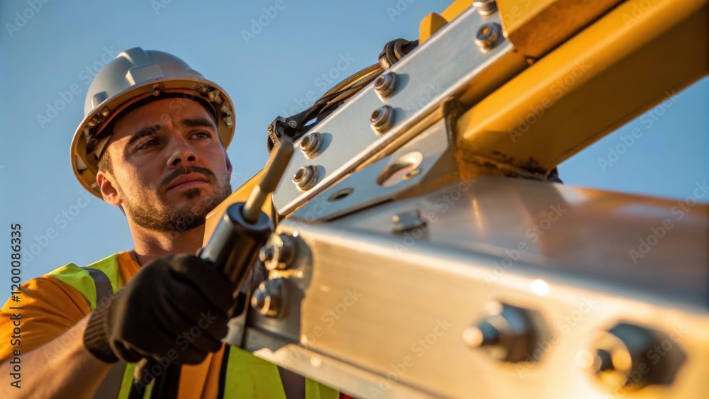 Poster a medium closeup of a worker using a specialized tool to tighten bolts on a cranes arm the metallic 