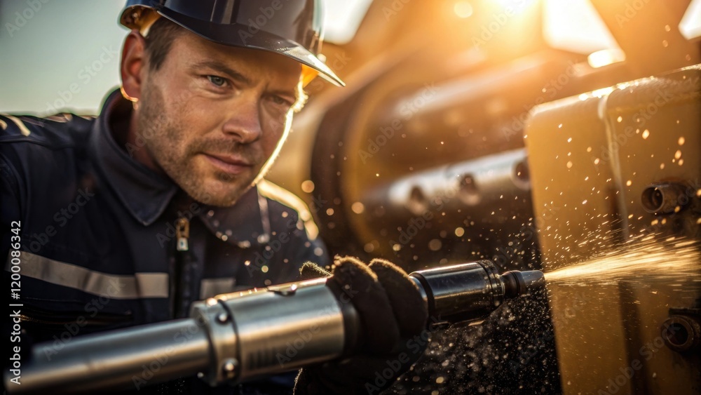 Poster A medium closeup of a worker using a grease gun on a moving joint of drilling machinery with droplets of grease visible in the sunlight emphasizing lubrication maintenance.