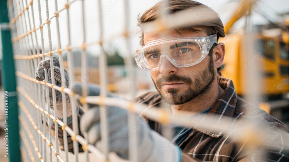 Aufkleber A medium closeup of a worker wearing goggles intensely focused on installing a protective mesh with construction machinery and scaffoldings softly blurred in the background.