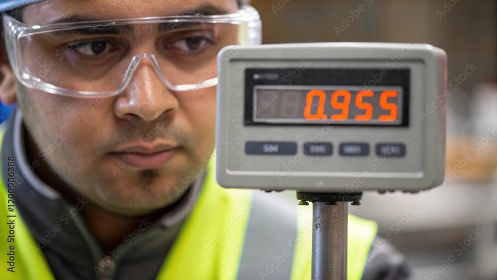 Poster A medium closeup of a worker wearing safety goggles intently observing the digital display of a weighing machine with a focused expression highlighting concentration.