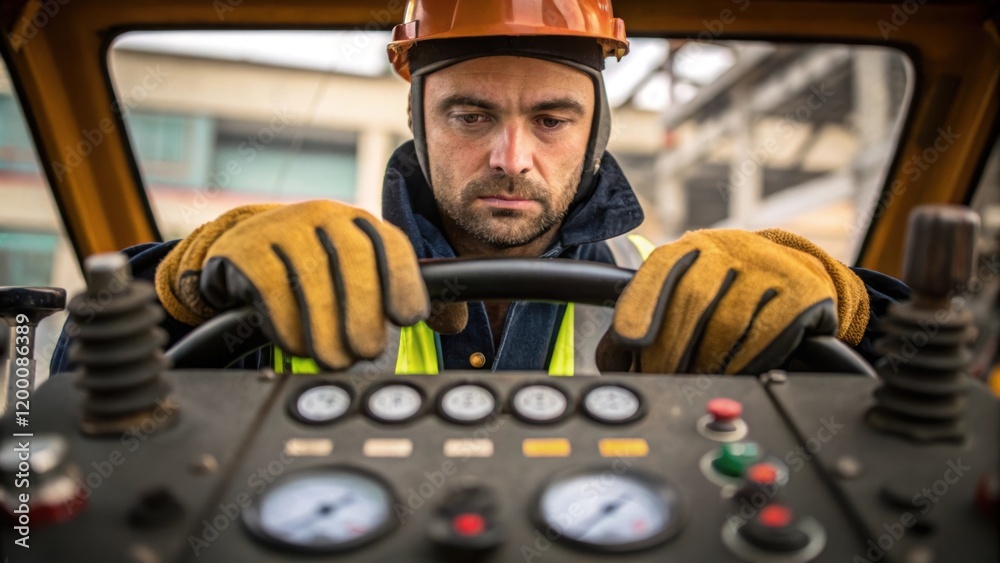 Poster a medium closeup of a worker wearing protective gear intently monitoring the control panel of the pi