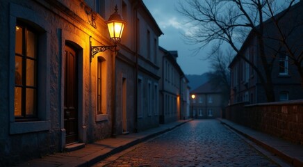 Twilight scene with captivating vintage streetlamp illuminating a cobblestone street surrounded by dusk