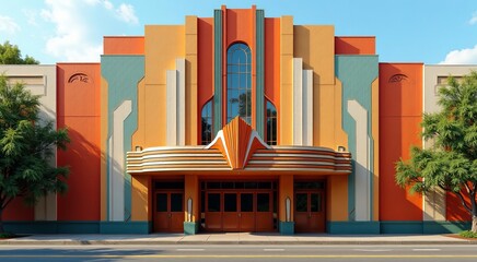 Art Deco facade on a historic theater highlighting bold colors and geometric designs
