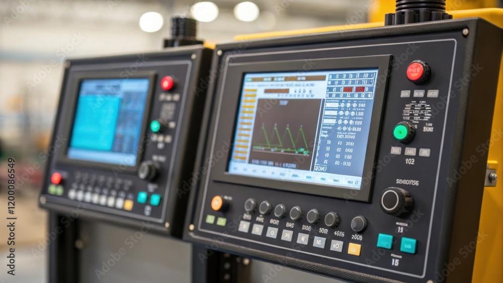 Aufkleber A medium closeup of control panels featuring digital interfaces displaying realtime operational data and settings for the robotic welding systems.