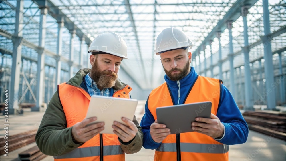 Aufkleber A medium closeup of engineers analyzing blueprints on digital tablets surrounded by the skeletal framework of a rail freight terminal under construction.