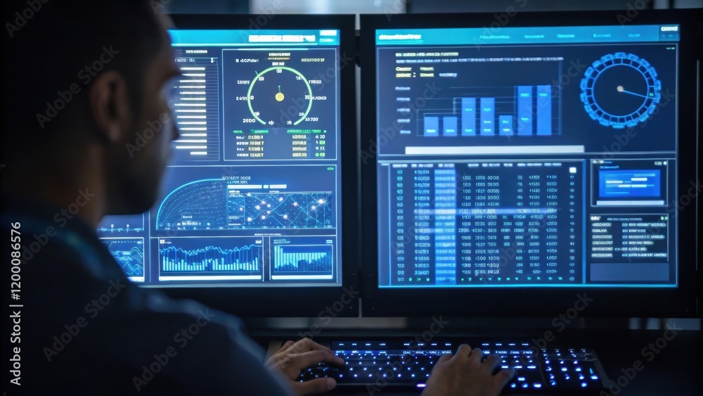 Fototapete A medium closeup of digital screens displaying system diagnostics and performance metrics with an operator intently monitoring the data reflecting the technological aspect of
