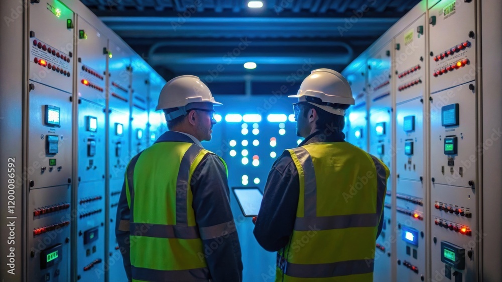 Poster a medium closeup of engineers inspecting circuit breaker equipment discussing configurations under b