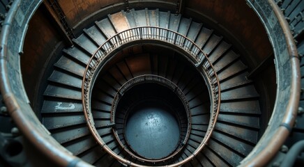 Overhead view of a spiraling metal staircase in an industrial setting, showcasing a hypnotic pattern