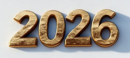 Golden Number 2026 On A Light Background With Long Shadow, Representing Year Twenty Twenty-Six