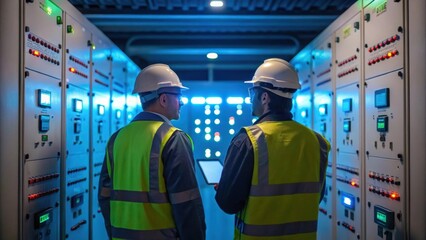 A medium closeup of engineers inspecting circuit breaker equipment discussing configurations under bright LED lights within the control room of the offshore substation.