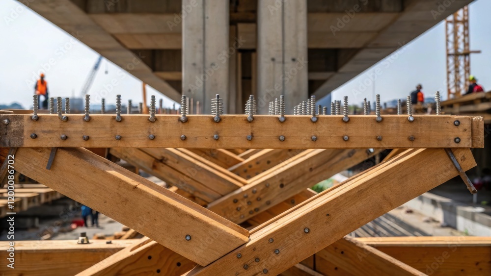 Poster a medium closeup of large wooden bracing being assembled with nails being hammered in providing temp