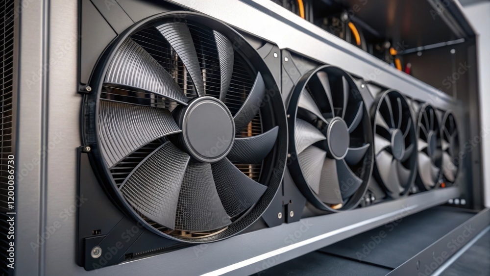 Poster a medium closeup of large highefficiency cooling fans mounted on a sleek system with blades catching