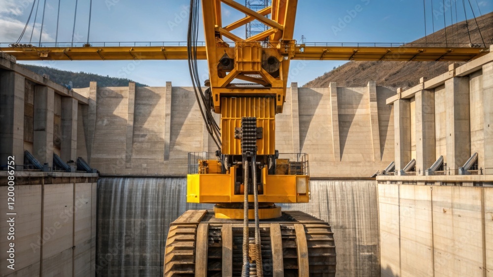 Poster a medium closeup of heavy machinery like a crane working on the dam site showcasing intricate hydrau