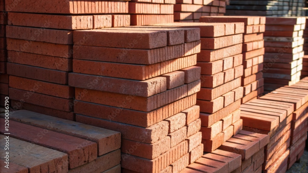 Poster a medium closeup of newly stacked bricks showing the meticulous arrangement as the sunlight casts sh